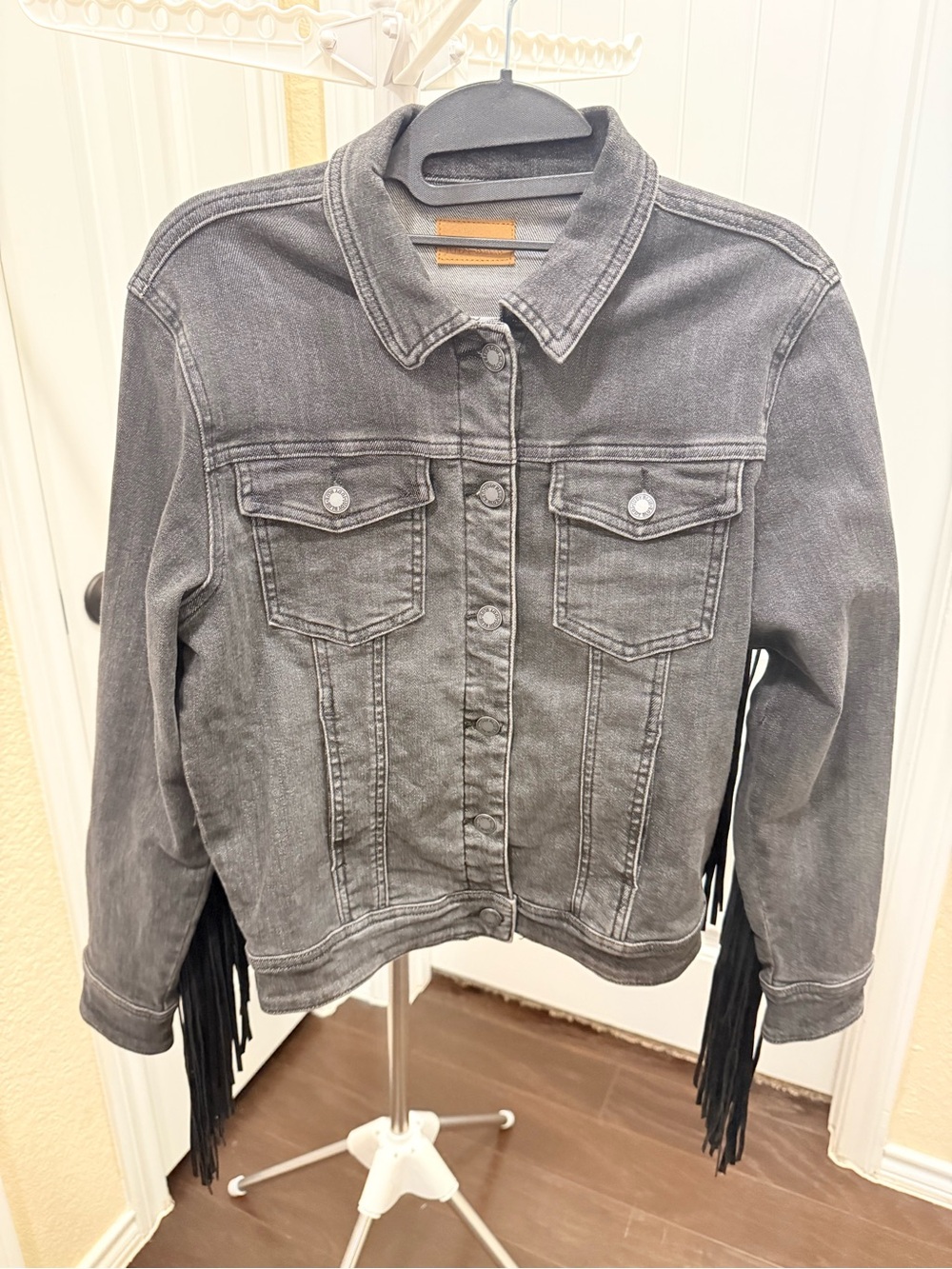 Judy Blue Black Washed Denim Jacket with Faux Suede Fringe